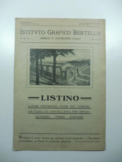 Istituto grafico Bertello, Borgo S. Dalmazzo. Listino lavori tipografici d'uso piu' comune, articoli di cancelleria per ufficio, quaderni, timbri, bandiere - copertina