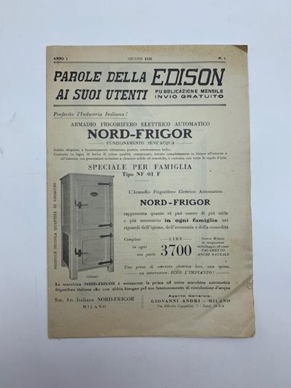 Parole della Edison ai suoi utenti. Pubblicazione mensile. Armadio frigorifero elettrico automatico Nord-Frigor - copertina