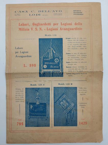 Casa C. Dell'Avo, Lodi. Reparto bandiere, stendardi. Labari, gagliardetti per legioni della Milizia V. S. N. Legioni Avanguardiste - copertina