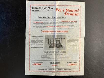 C. Ringleb & C. Ninz. Rovereto (Trentino). Per i signori Dentisti! (Foglio pubblicitario) - copertina