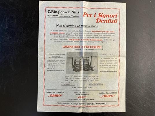 C. Ringleb & C. Ninz. Rovereto (Trentino). Per i signori Dentisti! (Foglio pubblicitario) - copertina
