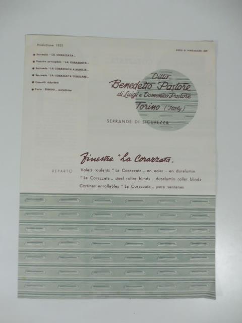 Ditta Benedetto Pastore, Torino. Serrande di sicurezza. Finestre La corazzata. Pieghevole pubblicitario - copertina