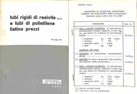 Tubi rigidi di resivite e tubi di polietilene. Listino prezzi 22 maggio 1961 - copertina