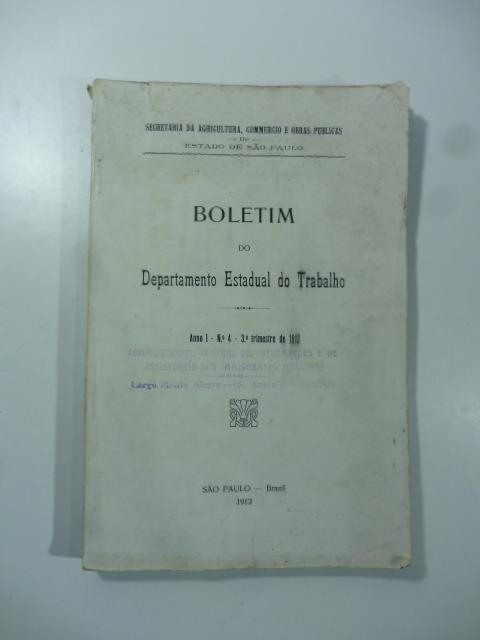 Boletim do Departamento Estadual do Trabalho, anno I, no 4, 1912 - copertina