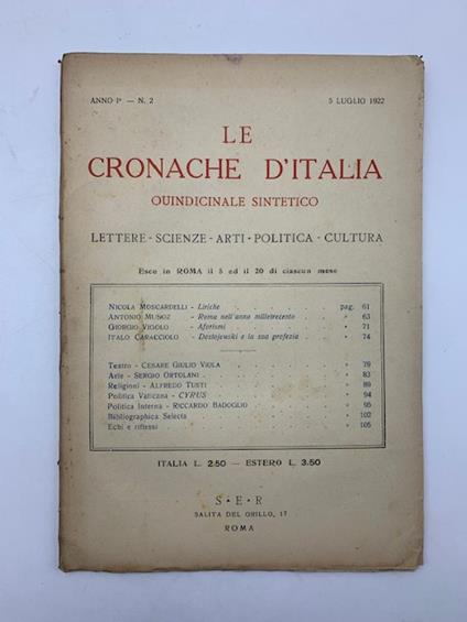 Le Cronache d'Italia, anno I, n. 2, 5 luglio 1922 - copertina