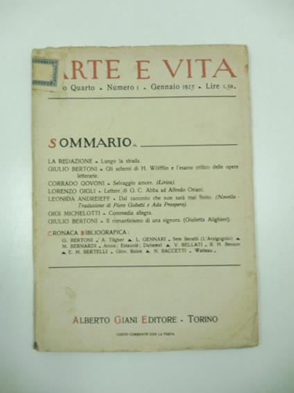 Arte e vita. Rassegna mensile di cultura, anno quarto, numero 1 - copertina