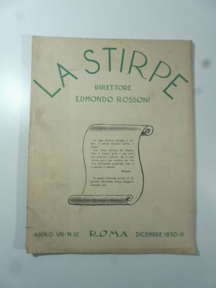La stirpe. Direttore Edmondo Rossoni, n. 12, dicembre 1930 - copertina