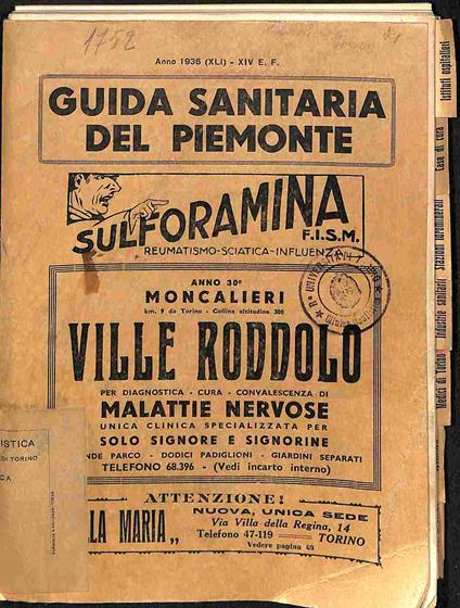 Guida Sanitaria del Piemonte. Province di Torino, Alessandria, Aosta, Asti, Cuneo, Novara, Vercelli anno 1936 - copertina