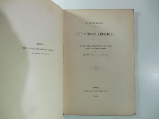 Due articoli letterari. Il poema della Creazione del Du Bartas e quello di Torquato Tasso La democrazia di Moliere - Leon Guichard - copertina