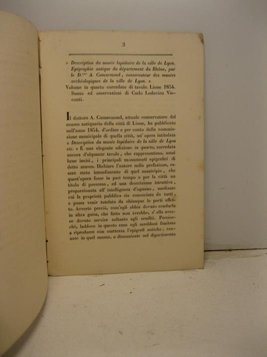 Intorno la descrizione del Museo epigrafico di Lione pubblicata dal dottore A. Comarmond - Ludovico Visconti - copertina