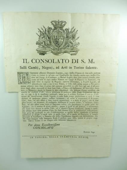 Il consolato di S. M. sulli Cambj, Negozj ed Arti in Torino sedente - copertina