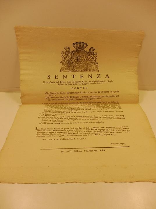 Sentenza... contro Gio. Ratto .. Gio Martino Manzo.. il primo d'essere concorso nella rivoluzione seguita in questa citta'... tendente a sovvertire la forma di governo... armato di due pistole...incutendo timore...portando in giro lettere circolari. - copertina