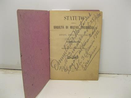 Statuto della societa' di mutuo soccorso fra artisti, operai e contadini di Occimiano approvato alli 8 novembre 1885 - copertina