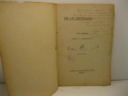 Per un centenario XXV gennaio MDCI - MDCCCCI - copertina