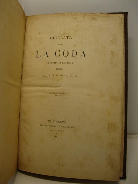 Cicalata sopra la coda in forma di lettera indirizzata alla signora N. N - copertina