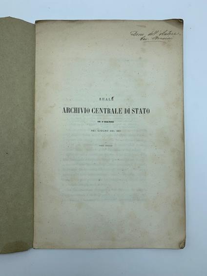 Reale Archivio Centrale di Stato in Firenze nel giugno del 1855. Terza edizione - copertina