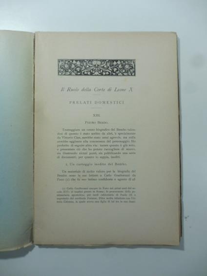 Il ruolo della Corte di Leone X. Prelati domestici. Pietro Bembo - copertina