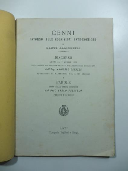 Cenni intorno alle cognizioni astronomiche di Dante Allighieri. Discorso letto il 9 aprile 1881 - copertina
