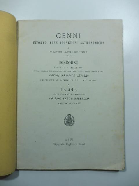 Cenni intorno alle cognizioni astronomiche di Dante Allighieri. Discorso letto il 9 aprile 1881 - copertina