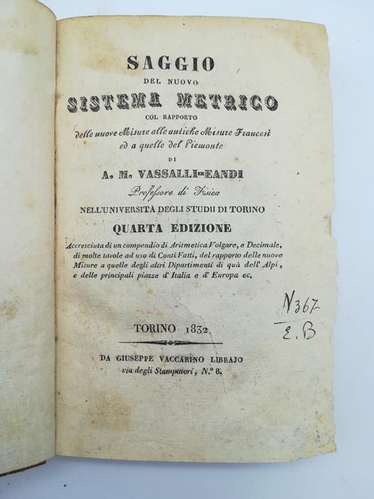 Saggio del nuovo sistema metrico col rapporto delle nuove misure alle antiche misure francesi ed a quelle del Piemonte - copertina