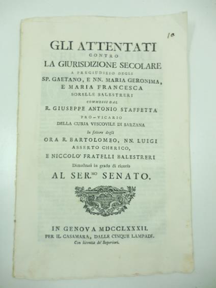 Gli attentati contro la giurisdizione secolare a pregiudizi degli sp. Gaetano e NN. Maria Geronima e Maria Francesca sorelle Balestreri commessi dal R. Giuseppe Antonio Staffetta pro-vicario della curia vescovile di Sarzana in favore degli ora R. Bar - copertina