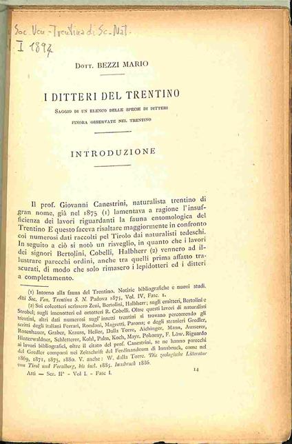 I ditteri del trentino - saggio ddi un elenco delle specie di ditteri finora osservate nel Trentino - copertina