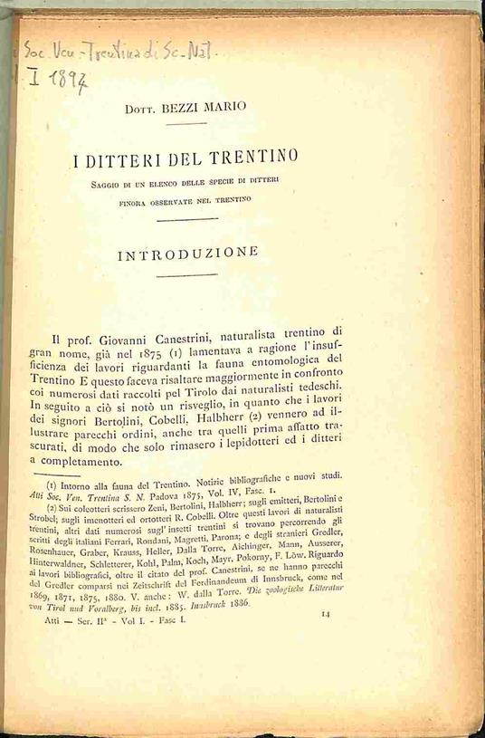 I ditteri del trentino - saggio ddi un elenco delle specie di ditteri finora osservate nel Trentino - copertina