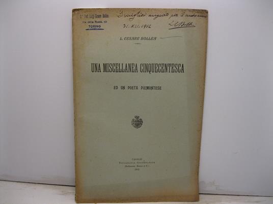 Una miscellanea cinquecentesca ed un poeta piemontese - copertina