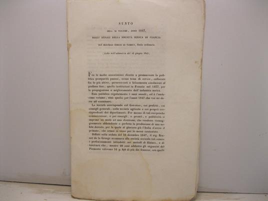 Sunto dell'XI volume, anno 1847, degli Annali della Societa' serica di Francia - copertina