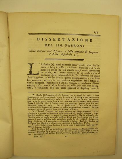 Dissertazione del sig. Fabroni sulla natura dell'arsenico e sulla maniera di preparar l'acido arsenicale - copertina