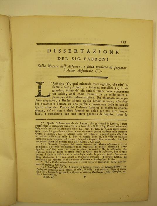 Dissertazione del sig. Fabroni sulla natura dell'arsenico e sulla maniera di preparar l'acido arsenicale - copertina