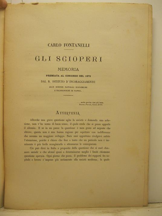 Gli scioperi. Memoria premiata al concorso del 1873 dal R. Istituto d'incoraggiamento - copertina