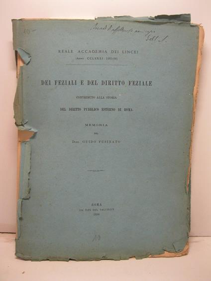 Dei feziali e del diritto feziale contributo alla storia del diritto pubblico esterno di Roma. Memoria - copertina