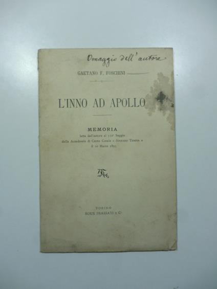 L' inno ad Apollo. Memoria - copertina