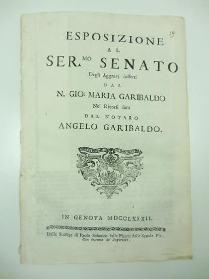 Esposizione al Ser.mo Senato degli aggravi sofferti dal N. Gio Maria Garibaldo ne' ricorsi fatti dal notaro Angelo Garibaldo - copertina