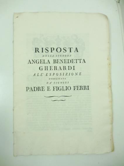 Risposta della signora Angela Benedetta Gherardi all'esposizione pubblicata da' signori padre e figlio Ferri - copertina