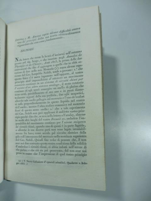 Lettera a M. Ampere sopra alcune difficolta' contro uno dei principii della sua teoria elettro - dinamica riguardato da esso come fondamentale. (Stralcio da: Nuovo giornale de' letterati. N. 27. 1826) - copertina