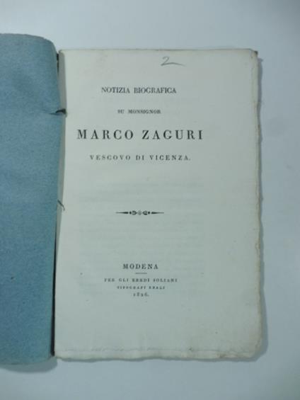 Notizia biografica su Monsignor Marco Zaguri vescovo di Vicenza - copertina