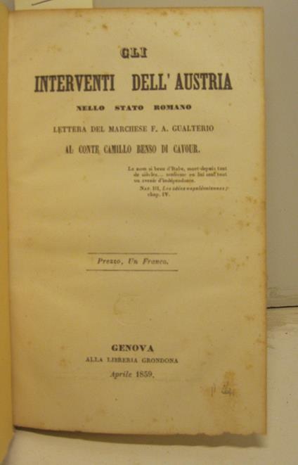 Gli interventi dell'Austria nello stato romano. Lettera del marchese F. A. Gualterio al conte Camillo Benso di Cavour - copertina