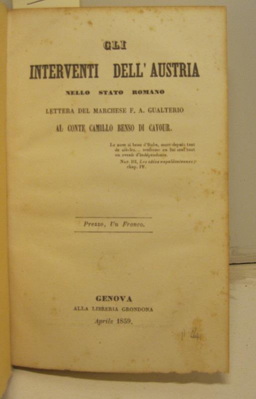 Gli interventi dell'Austria nello stato romano. Lettera del marchese F. A. Gualterio al conte Camillo Benso di Cavour - copertina
