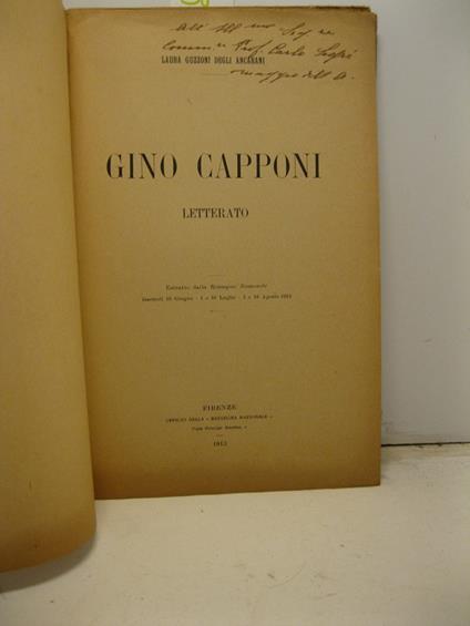 Gino Capponi letterato. Estratto dalla Rassegna Nazionale, fascicoli 16 giugno, 1 e 16 luglio 1 e 16 agosto - copertina