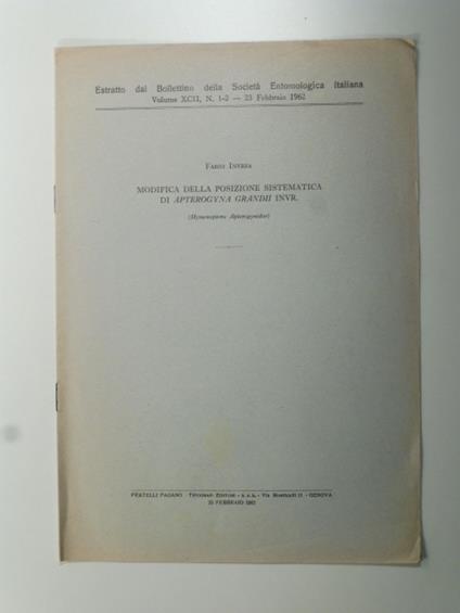 Modifica delle posizioni sistematica di apterogyna grandii invr. (Himenoptera Apterogynidae) - copertina