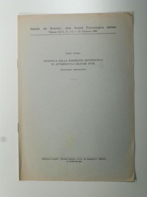 Modifica delle posizioni sistematica di apterogyna grandii invr. (Himenoptera Apterogynidae) - copertina