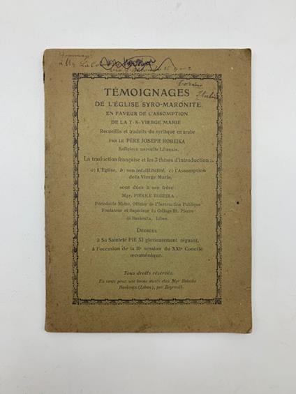 Temoignages de l'Eglise syro-maronite en faveur de l'assomption de la T.S. Vierge Marie recueillis et traduits du syriaque en arabe - copertina