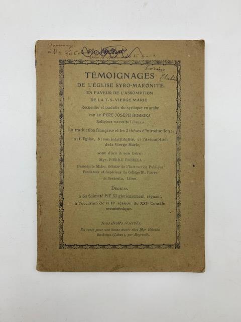 Temoignages de l'Eglise syro-maronite en faveur de l'assomption de la T.S. Vierge Marie recueillis et traduits du syriaque en arabe - copertina