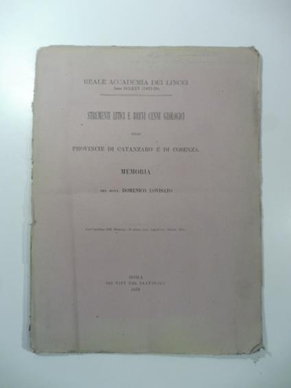 Strumenti litici e brevi cenni geologici sulle provincie di Catanzaro e di Cosenza - copertina