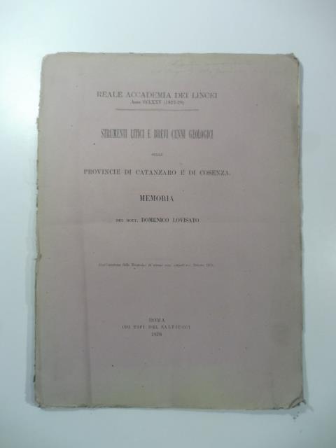 Strumenti litici e brevi cenni geologici sulle provincie di Catanzaro e di Cosenza - copertina