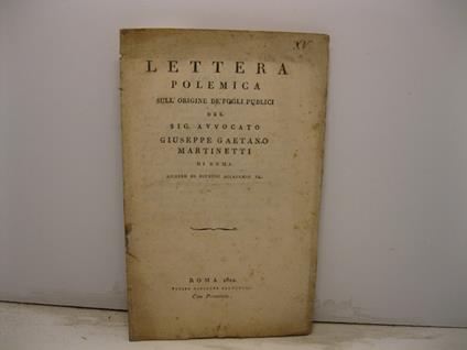 Lettera polemica sull'origine de' fogli pubblici - copertina