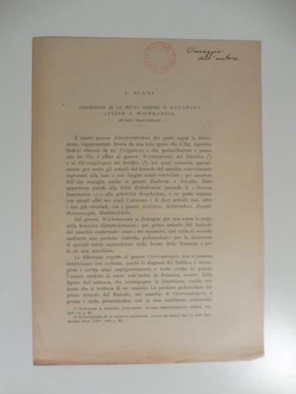 Descrizione di un nuovo genere di eulofidi affine a Wichmannia - copertina