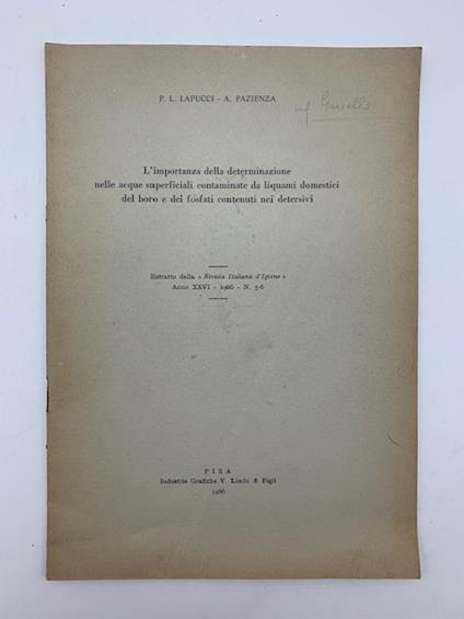 L' importanza della determinazione nelle acque superficiali contaminate da liquami domestici del boro e dei fosfati contenuti nei detersivi - copertina